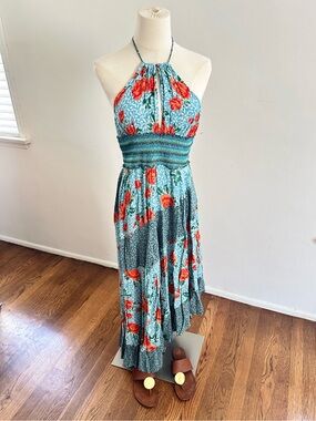Intimately Free People Blue Orange Floral Halter Maxi Dress Boho M